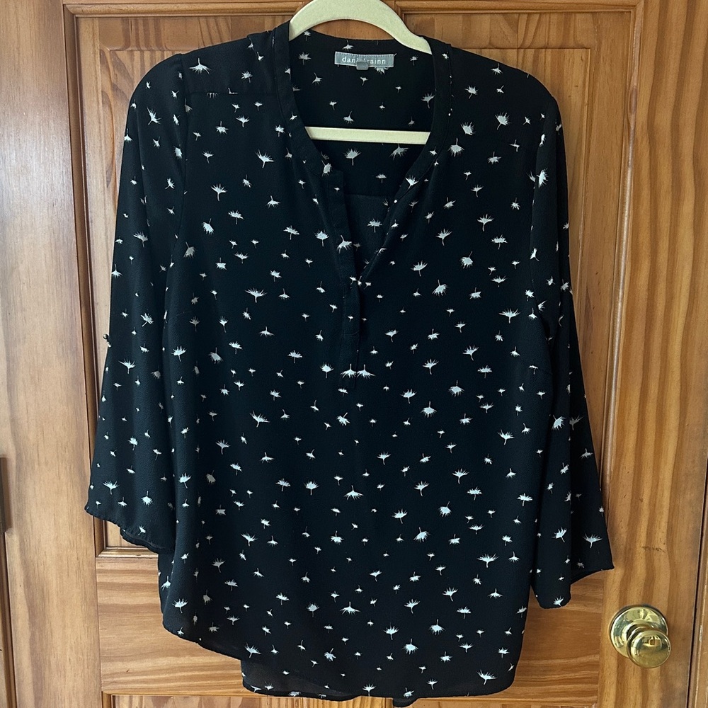Daniel Rainn Black Blouse with White Dandelion Motif